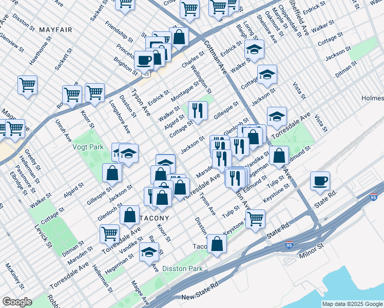 map of restaurants, bars, coffee shops, grocery stores, and more near 7020 Glenloch Street in Philadelphia