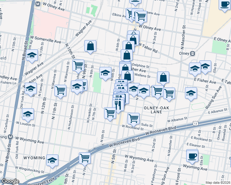 map of restaurants, bars, coffee shops, grocery stores, and more near 541 Lindley Avenue in Philadelphia