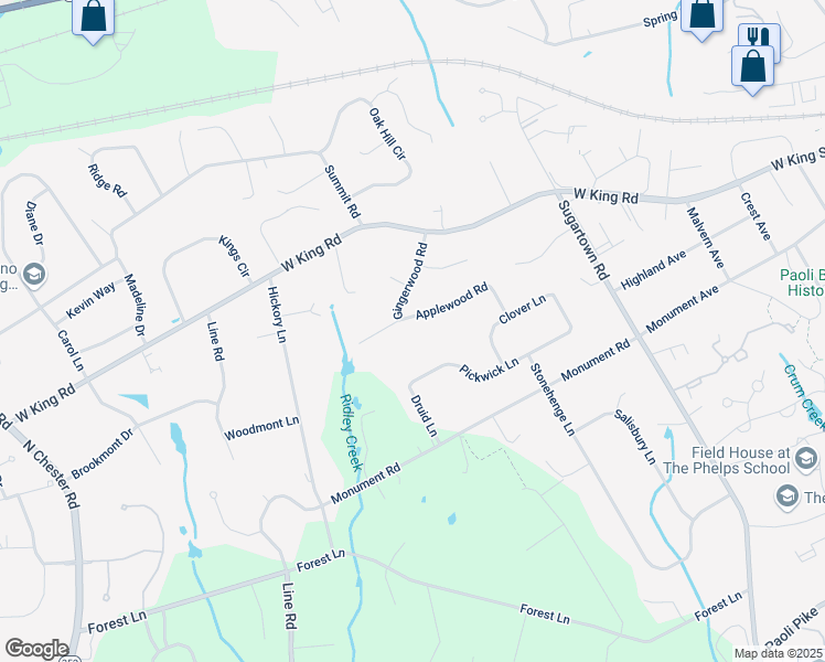 map of restaurants, bars, coffee shops, grocery stores, and more near 23 Applewood Road in Malvern