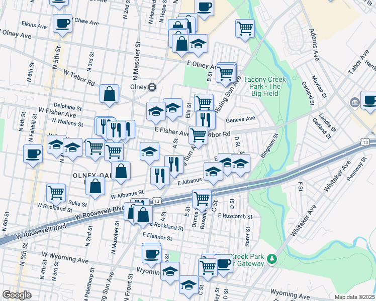 map of restaurants, bars, coffee shops, grocery stores, and more near 5224 Rising Sun Avenue in Philadelphia