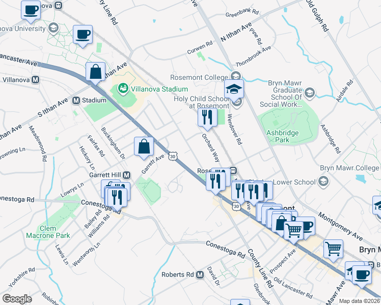 map of restaurants, bars, coffee shops, grocery stores, and more near 109 Braebank Lane in Bryn Mawr