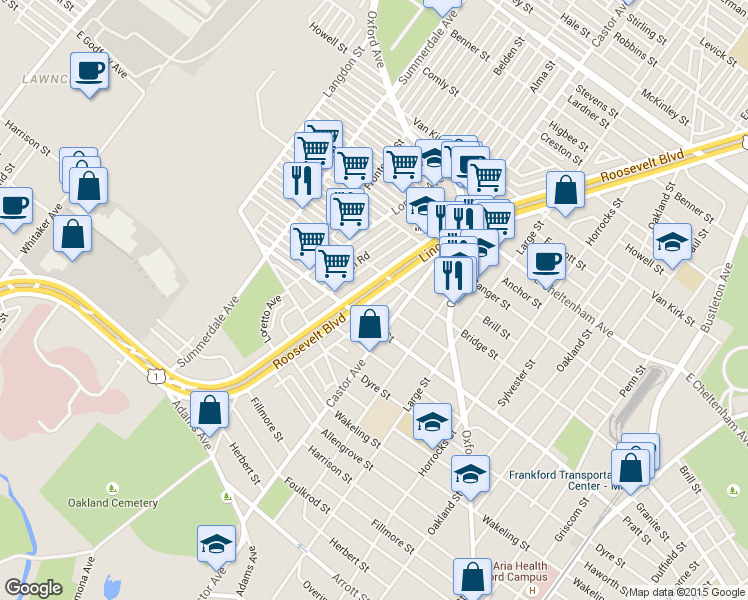 map of restaurants, bars, coffee shops, grocery stores, and more near 5233 East Roosevelt Boulevard in Philadelphia