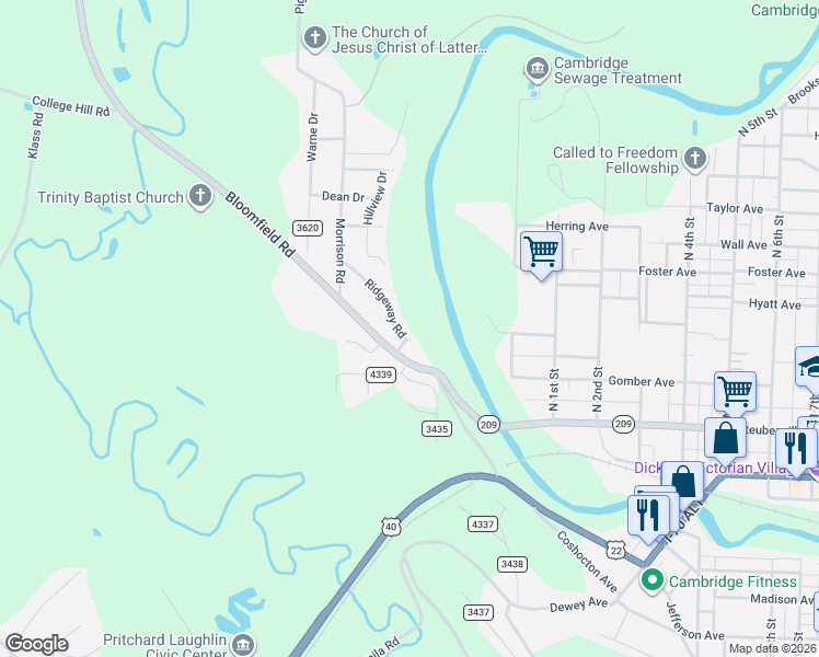 map of restaurants, bars, coffee shops, grocery stores, and more near 63864 Ridgeway Road in Cambridge