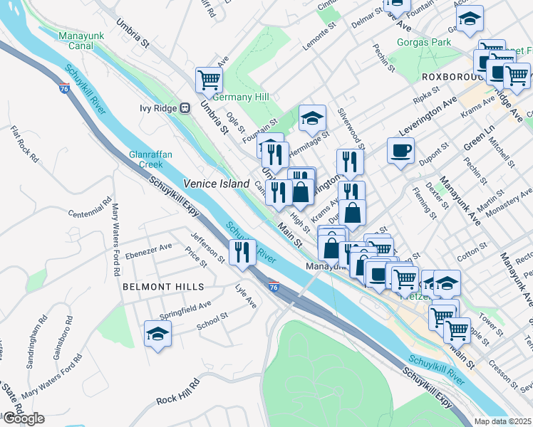 map of restaurants, bars, coffee shops, grocery stores, and more near 59R Leverington Avenue in Philadelphia