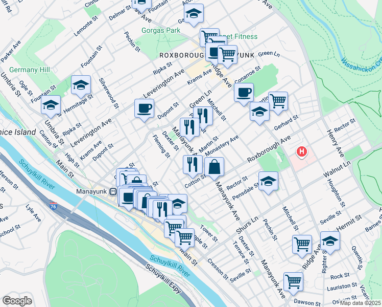 map of restaurants, bars, coffee shops, grocery stores, and more near 4374 Manayunk Avenue in Philadelphia