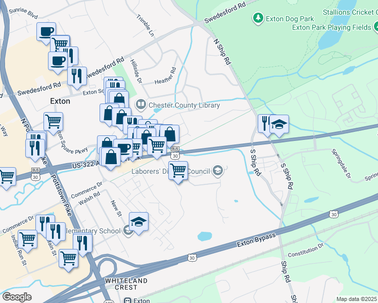 map of restaurants, bars, coffee shops, grocery stores, and more near 439 Lincoln Highway East in Exton