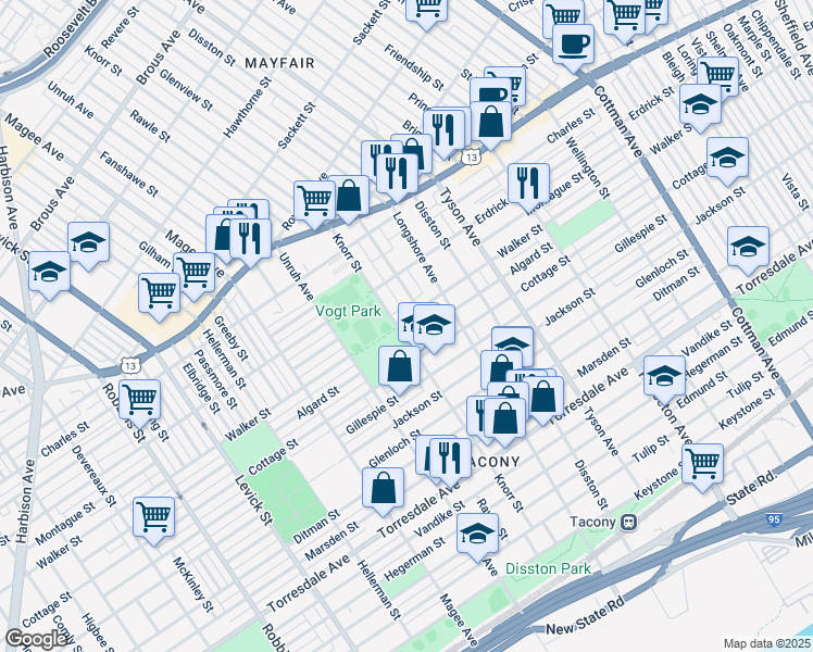 map of restaurants, bars, coffee shops, grocery stores, and more near 6805 Walker Street in Philadelphia