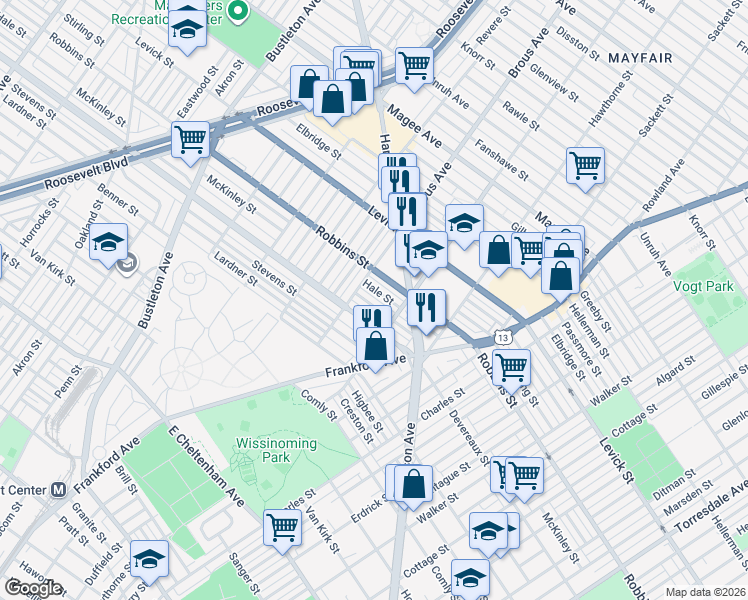 map of restaurants, bars, coffee shops, grocery stores, and more near 2930 McKinley Street in Philadelphia
