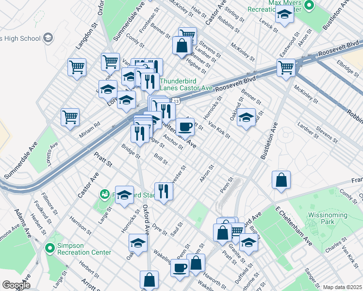 map of restaurants, bars, coffee shops, grocery stores, and more near 5433 Horrocks Street in Philadelphia