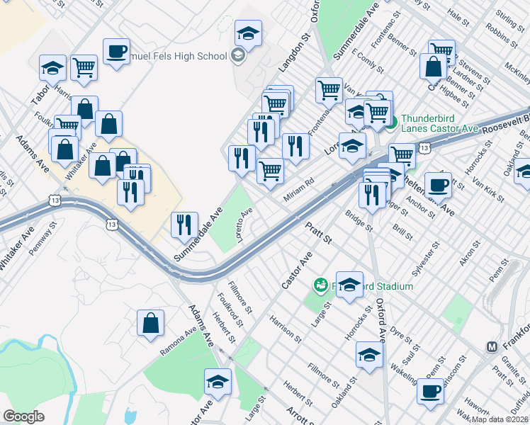 map of restaurants, bars, coffee shops, grocery stores, and more near 5104 Roosevelt Boulevard in Philadelphia