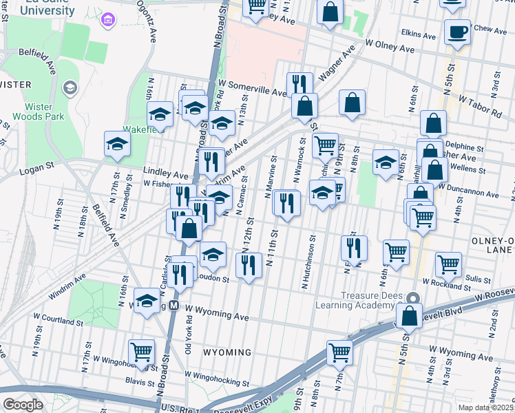 map of restaurants, bars, coffee shops, grocery stores, and more near 5019 North 12th Street in Philadelphia