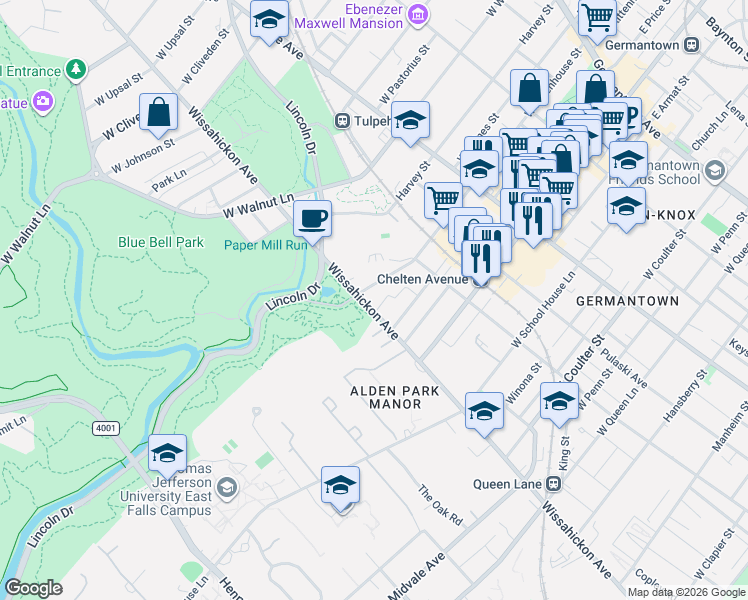 map of restaurants, bars, coffee shops, grocery stores, and more near 5845 Wissahickon Avenue in Philadelphia