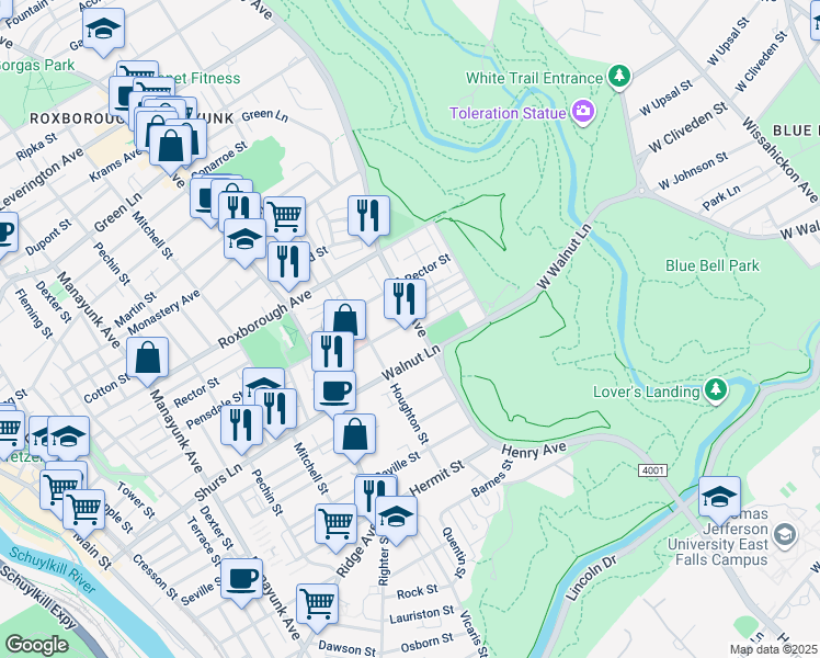 map of restaurants, bars, coffee shops, grocery stores, and more near 569 Jamestown Avenue in Philadelphia