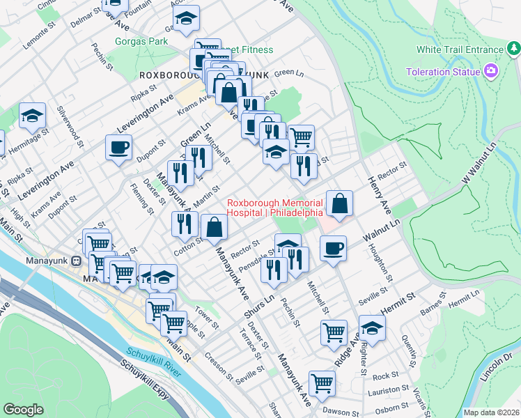 map of restaurants, bars, coffee shops, grocery stores, and more near 4314 Freeland Avenue in Philadelphia