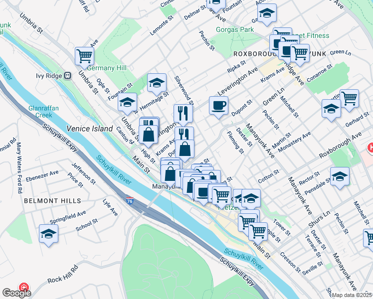 map of restaurants, bars, coffee shops, grocery stores, and more near 4515 Wilde Street in Philadelphia
