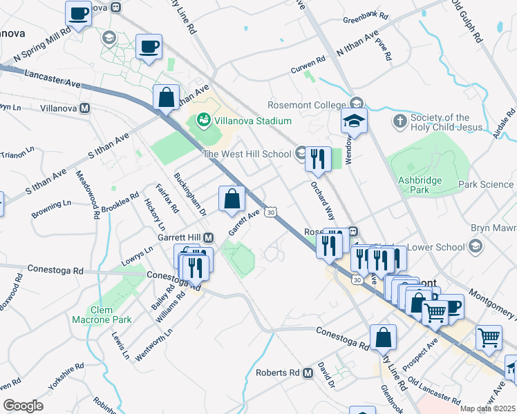 map of restaurants, bars, coffee shops, grocery stores, and more near 1022 Lincoln Highway in Bryn Mawr