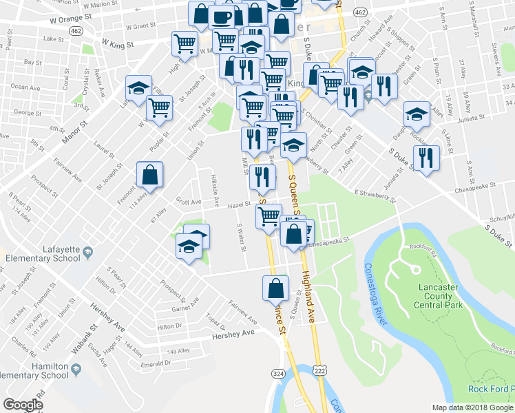 map of restaurants, bars, coffee shops, grocery stores, and more near 510 South Prince Street in Lancaster