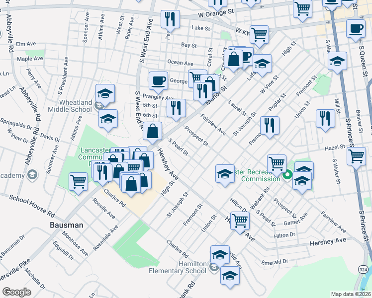 map of restaurants, bars, coffee shops, grocery stores, and more near 79 South Pearl Street in Lancaster