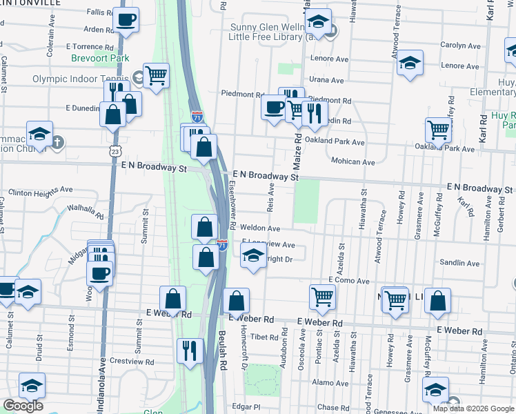 map of restaurants, bars, coffee shops, grocery stores, and more near 811 East Brighton Road in Columbus