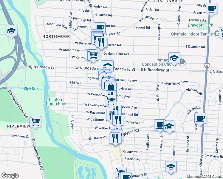 map of restaurants, bars, coffee shops, grocery stores, and more near in Columbus