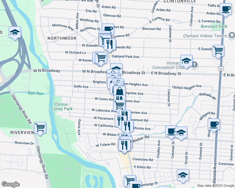 map of restaurants, bars, coffee shops, grocery stores, and more near 16 East Como Avenue in Columbus