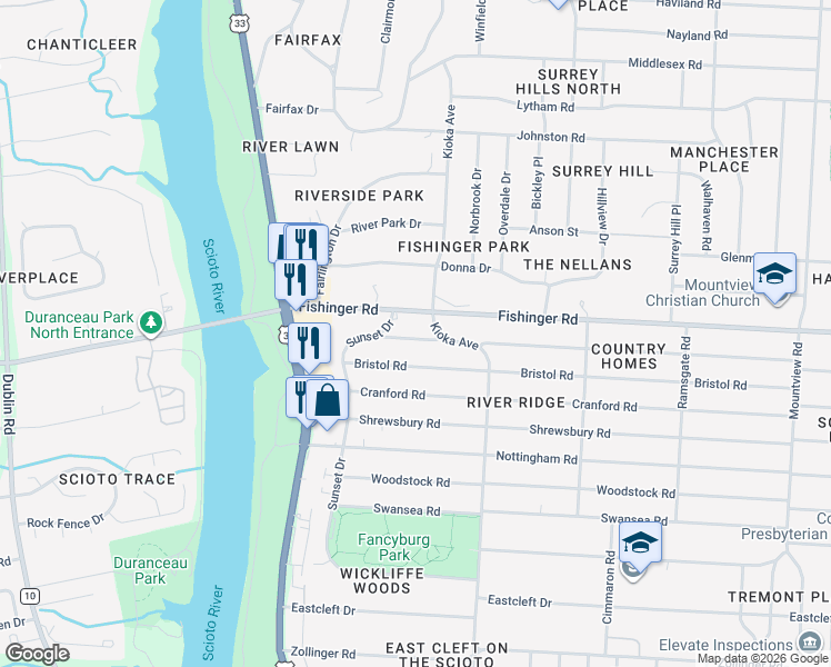 map of restaurants, bars, coffee shops, grocery stores, and more near 2655 Edgevale Road in Columbus