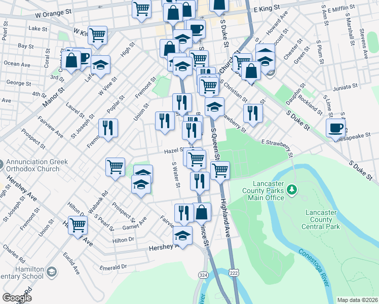 map of restaurants, bars, coffee shops, grocery stores, and more near 510 South Prince Street in Lancaster