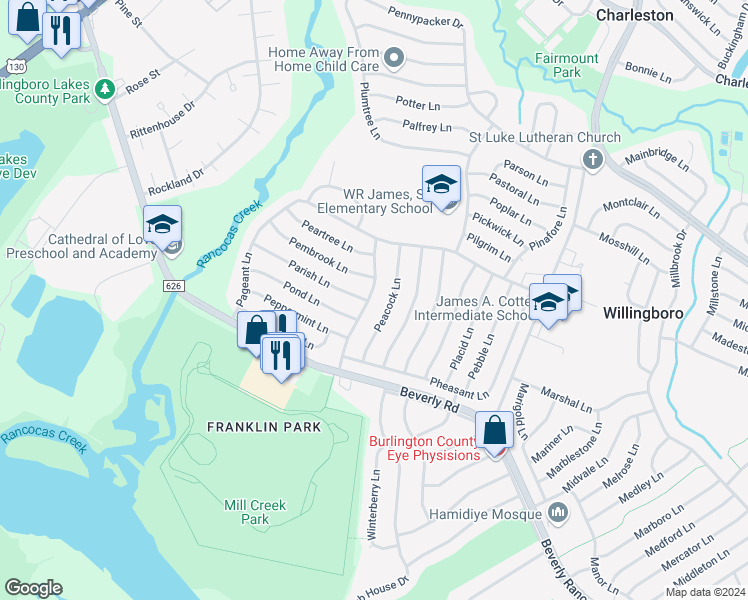 map of restaurants, bars, coffee shops, grocery stores, and more near 46 Primrose Lane in Willingboro