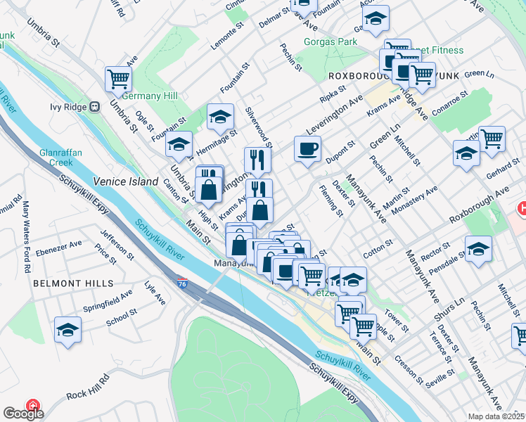 map of restaurants, bars, coffee shops, grocery stores, and more near 4529 Wilde Street in Philadelphia