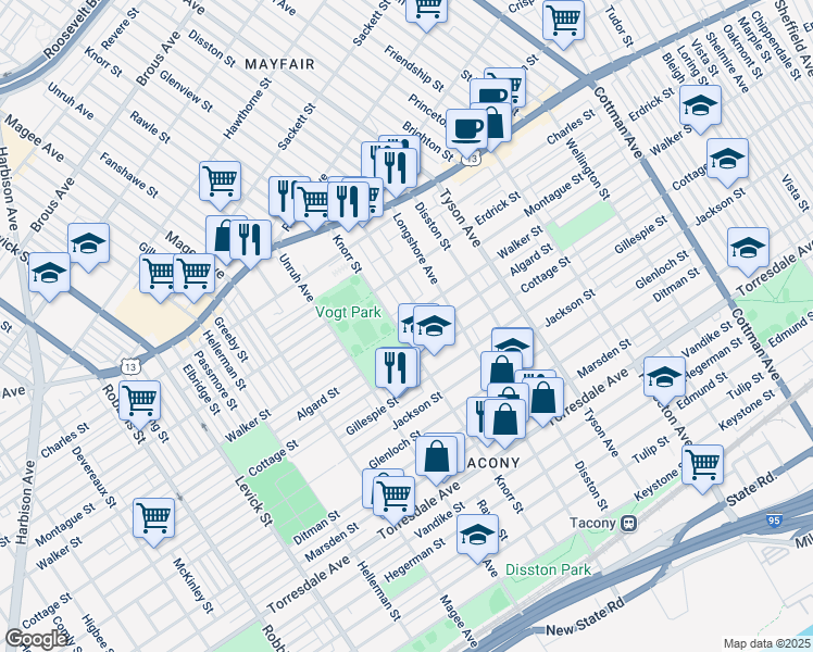 map of restaurants, bars, coffee shops, grocery stores, and more near 6805 Walker Street in Philadelphia