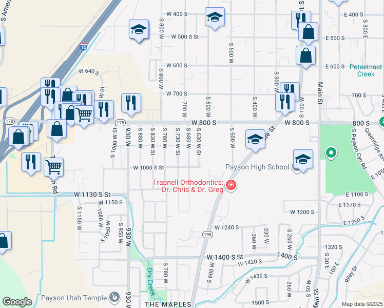 map of restaurants, bars, coffee shops, grocery stores, and more near 935 South 680 West in Payson