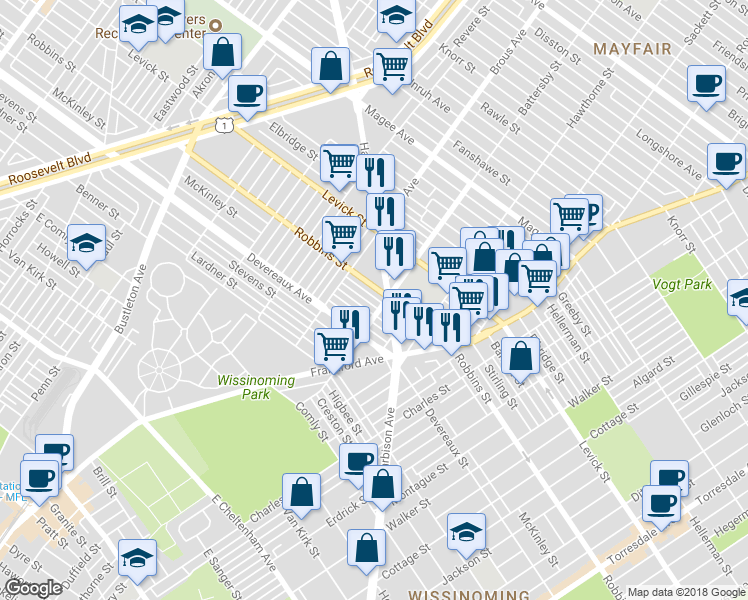 map of restaurants, bars, coffee shops, grocery stores, and more near 2953 Hale Street in Philadelphia