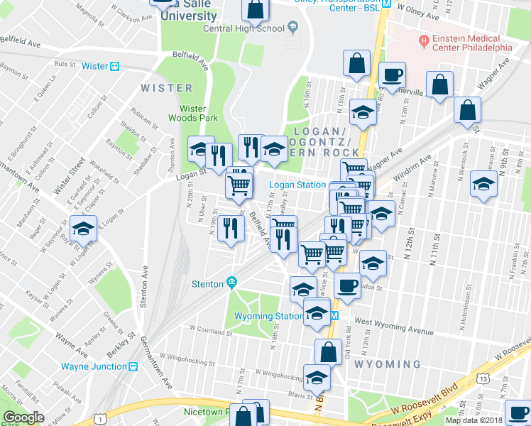map of restaurants, bars, coffee shops, grocery stores, and more near 4932 North 17th Street in Philadelphia