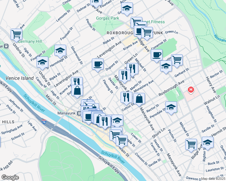 map of restaurants, bars, coffee shops, grocery stores, and more near 4419 Fleming Street in Philadelphia
