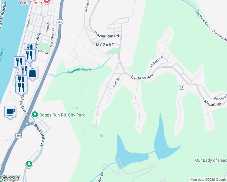 map of restaurants, bars, coffee shops, grocery stores, and more near 20 Ruth Ave in Wheeling