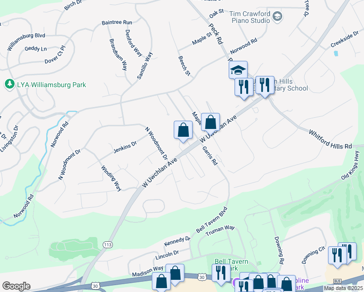 map of restaurants, bars, coffee shops, grocery stores, and more near 267 West Uwchlan Avenue in Downingtown