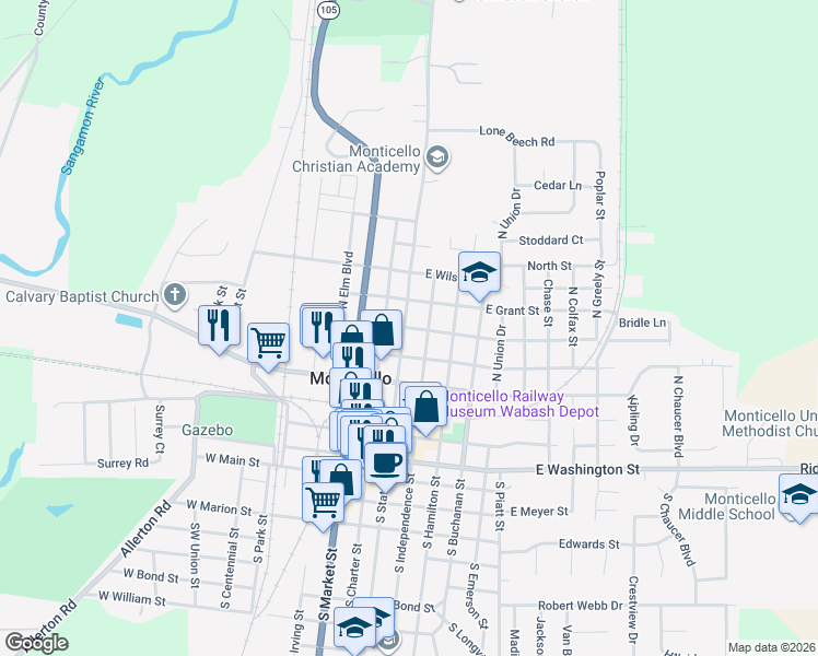 map of restaurants, bars, coffee shops, grocery stores, and more near 119 East Lincoln Street in Monticello