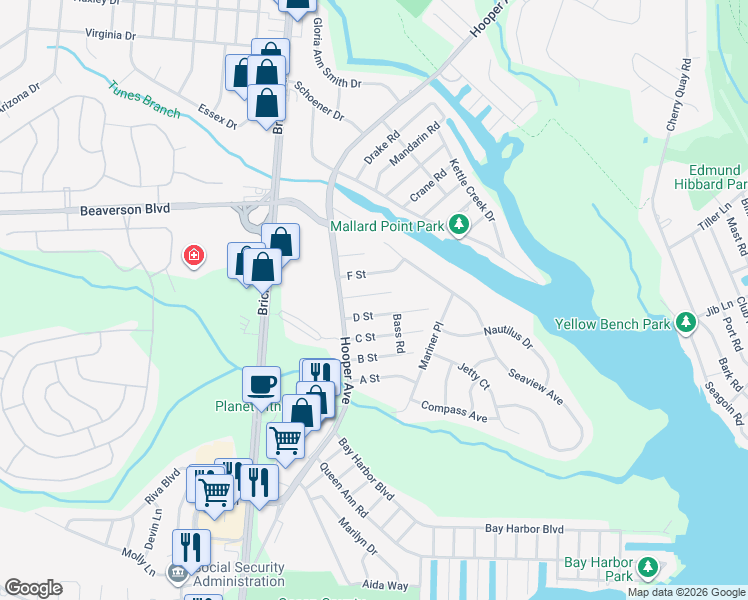 map of restaurants, bars, coffee shops, grocery stores, and more near 106 D Street in Brick Township
