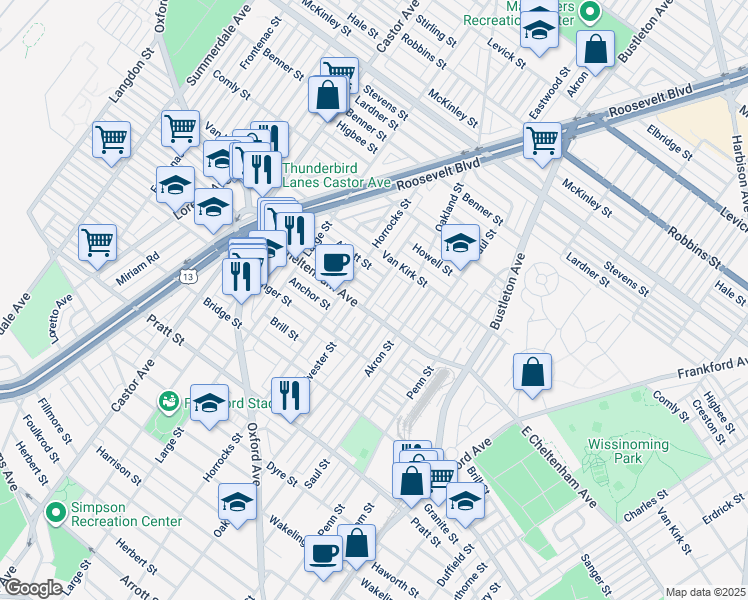 map of restaurants, bars, coffee shops, grocery stores, and more near 5813 Sylvester Street in Philadelphia
