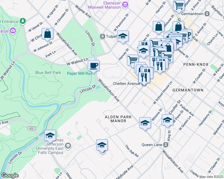 map of restaurants, bars, coffee shops, grocery stores, and more near 5839 Wissahickon Avenue in Philadelphia