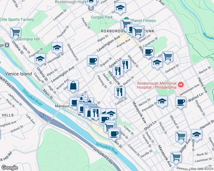 map of restaurants, bars, coffee shops, grocery stores, and more near 4419 Fleming Street in Philadelphia