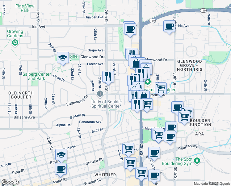map of restaurants, bars, coffee shops, grocery stores, and more near 2637 Valmont Road in Boulder