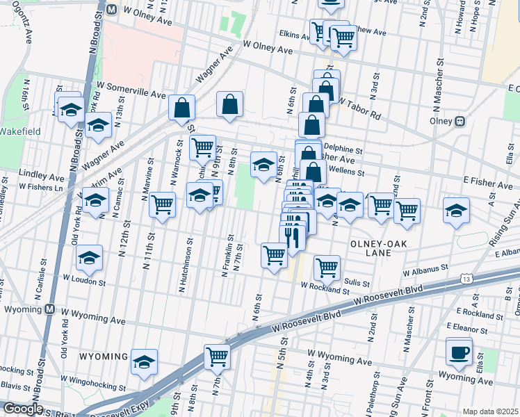 map of restaurants, bars, coffee shops, grocery stores, and more near 629 Lindley Avenue in Philadelphia
