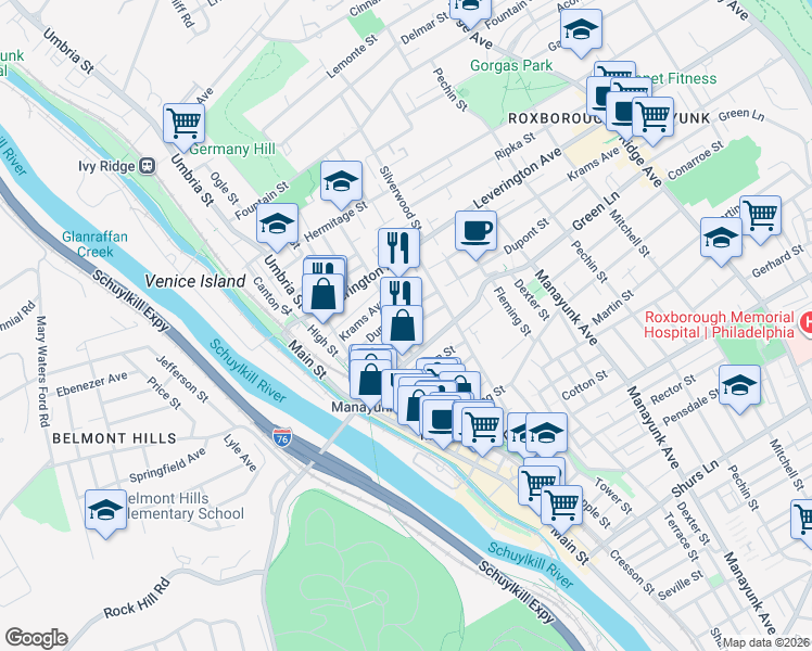 map of restaurants, bars, coffee shops, grocery stores, and more near 4515 Wilde Street in Philadelphia