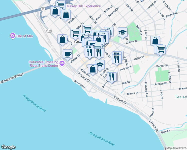 map of restaurants, bars, coffee shops, grocery stores, and more near 132 South 2nd Street in Columbia
