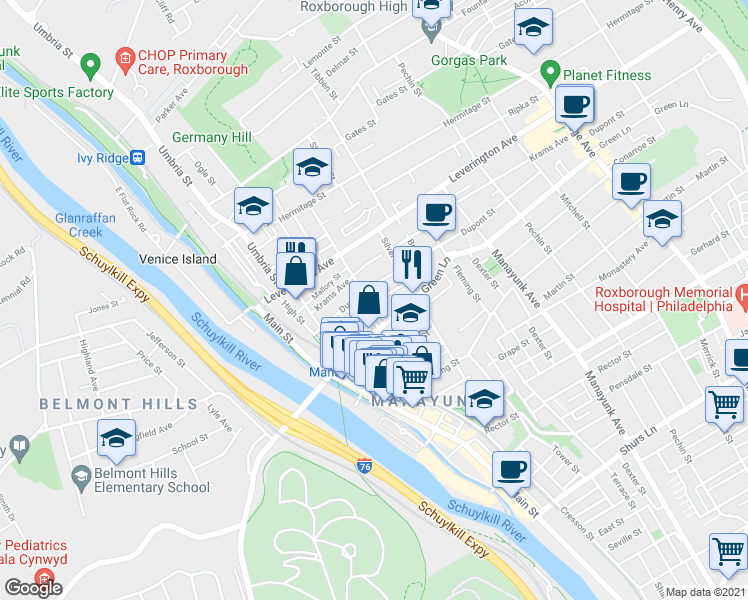 map of restaurants, bars, coffee shops, grocery stores, and more near 4529 Wilde Street in Philadelphia