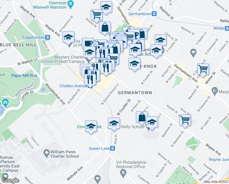 map of restaurants, bars, coffee shops, grocery stores, and more near 234 West School House Lane in Philadelphia