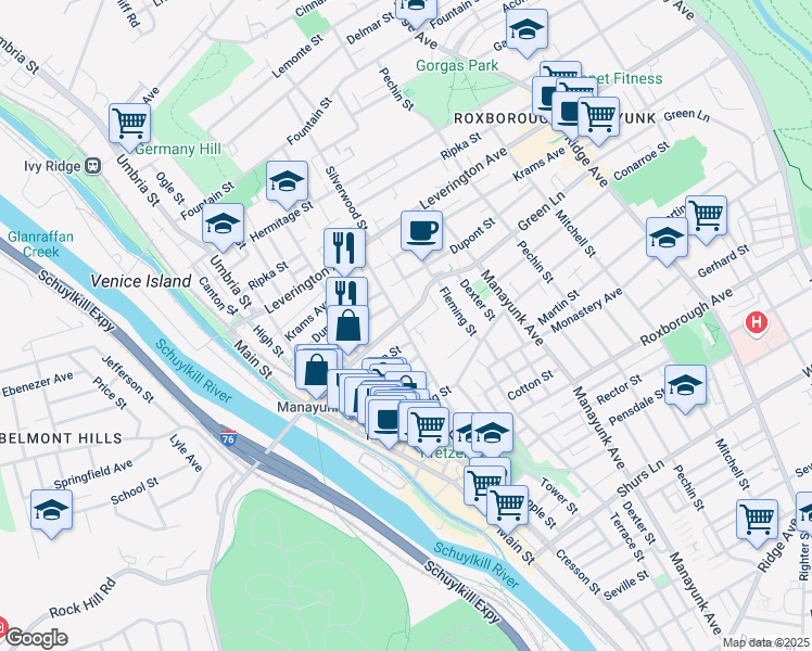 map of restaurants, bars, coffee shops, grocery stores, and more near 213 Green Lane in Philadelphia