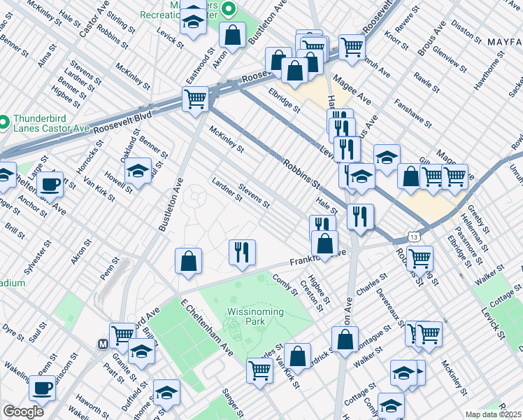 map of restaurants, bars, coffee shops, grocery stores, and more near 2753 Lardner Street in Philadelphia