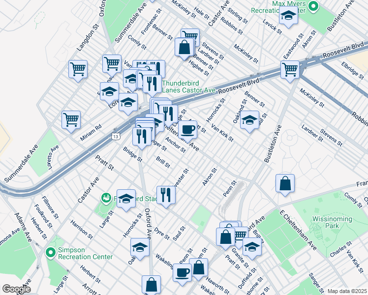 map of restaurants, bars, coffee shops, grocery stores, and more near 5433 Horrocks Street in Philadelphia